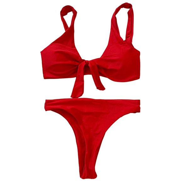 Tie-Front Cheeky Thong Bikini in Red - Picture 2 of 6